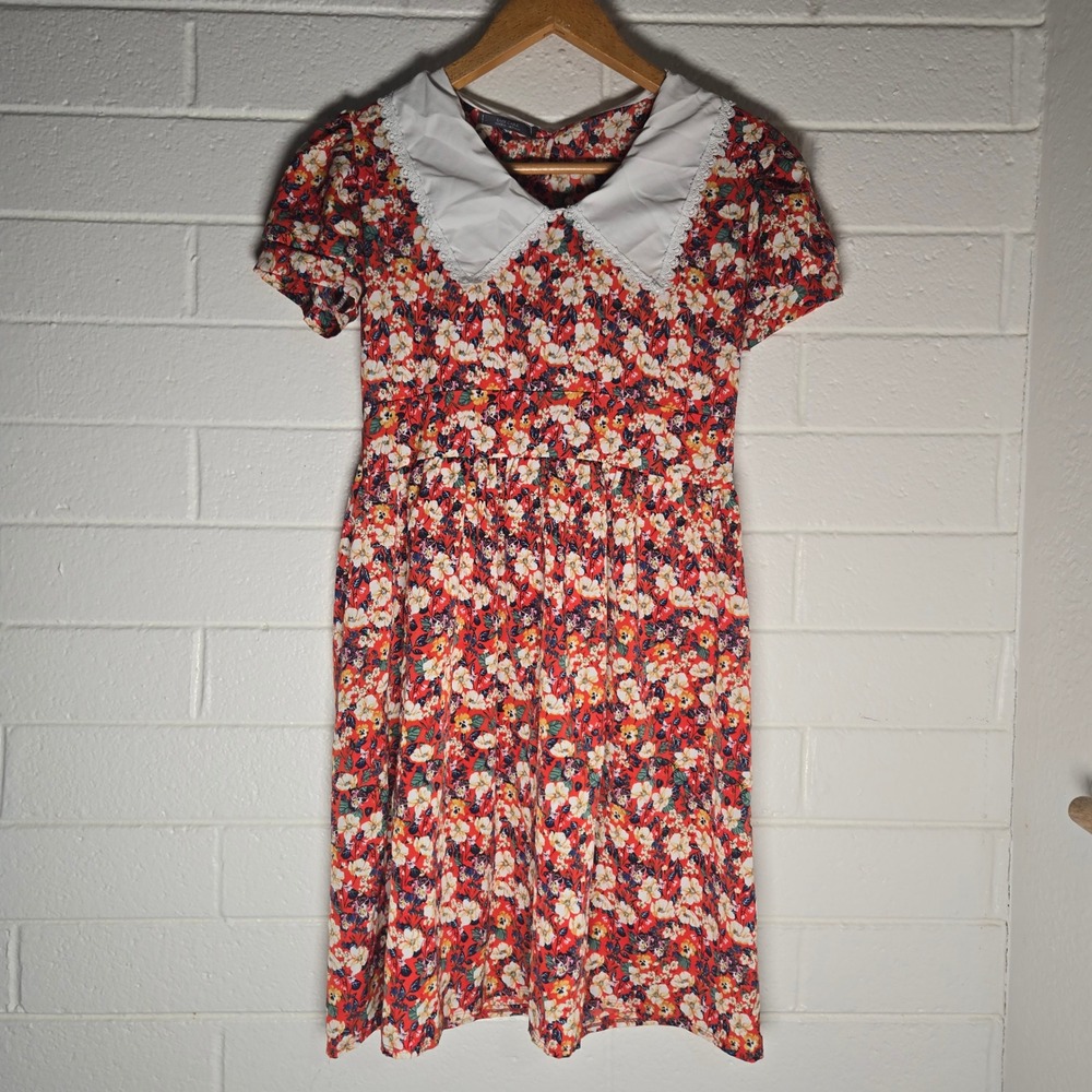 Vtg Easy Care Womens Floral Peter Pan Collar Lace Trim Dress Large Multicolor